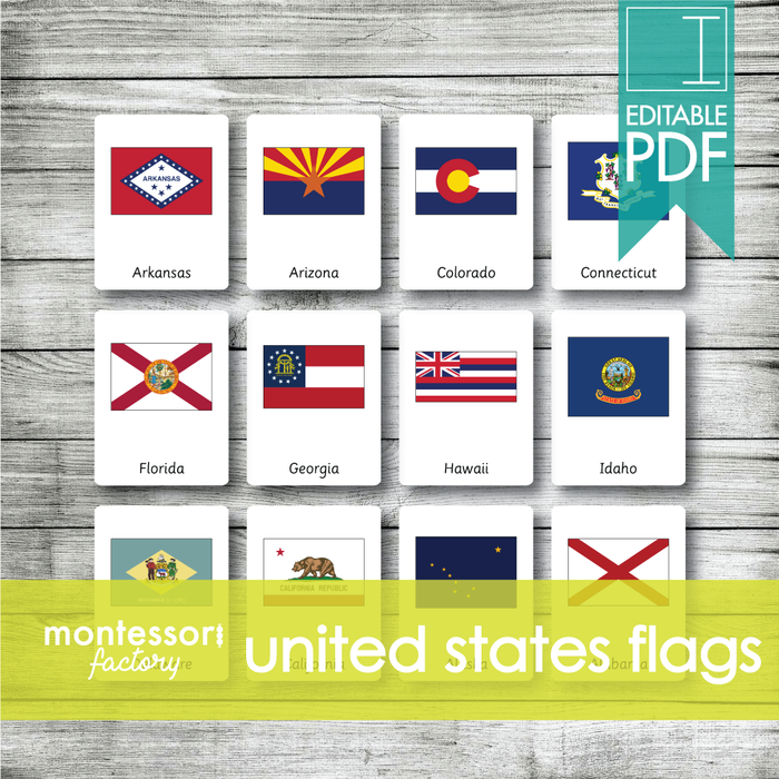 UNITED STATES Flags Montessori Cards, Flash Cards, Three Part Cards, Nomenclature Cards, Educational Material, Printable, Editable PDF