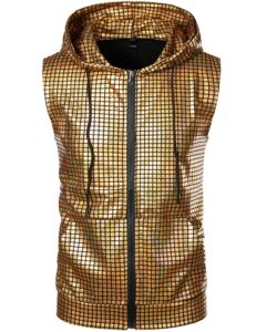zeroyaa mens hipster metallic sequins zip up sleeveless hooded vest t shirt with kangaroo pocket zlsv17 gold x-large