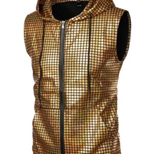 ZEROYAA Mens Hipster Metallic Sequins Zip Up Sleeveless Hooded Vest T Shirt with Kangaroo Pocket ZLSV17 Gold X-Large