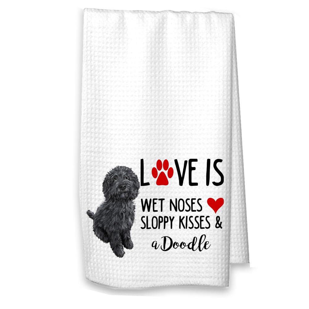 The Creating Studio Personalized Black Labradoodle Towel, Love is Wet Noses Sloppy Kisses Kitchen Towel, Gift for Dog Mom or Dad, Housewarming Hostess Gift, Dog Lover Gift (Black Dog)