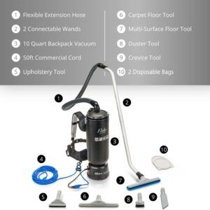 Prolux 10 Quart Commercial Backpack Vacuum with Premium 1.5-Inch Attachments, HEPA Air Filtration, Deep Cleaning for All Floor Surfaces