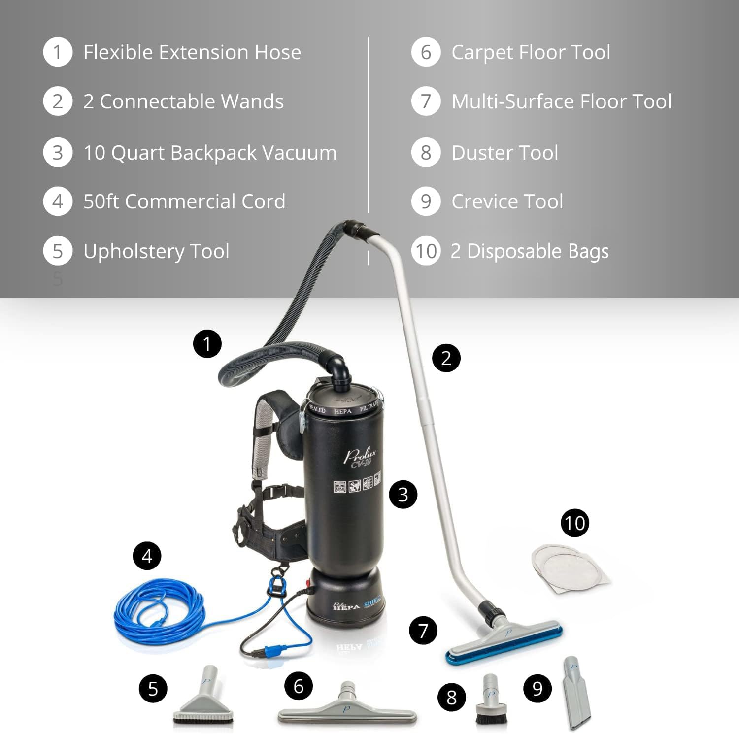 Prolux 10 Quart Commercial Backpack Vacuum with Premium 1.5-Inch Attachments, HEPA Air Filtration, Deep Cleaning for All Floor Surfaces