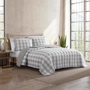 Eddie Bauer- Queen Quilt Set, Cotton Reversible Bedding with Matching Shams, Home Decor for All Seasons (Lakehouse Plaid Light Grey, Queen)