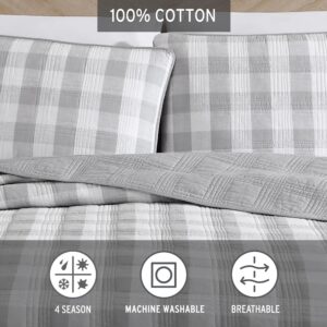 Eddie Bauer- Queen Quilt Set, Cotton Reversible Bedding with Matching Shams, Home Decor for All Seasons (Lakehouse Plaid Light Grey, Queen)