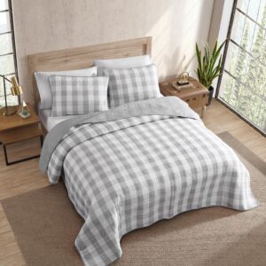 Eddie Bauer- Queen Quilt Set, Cotton Reversible Bedding with Matching Shams, Home Decor for All Seasons (Lakehouse Plaid Light Grey, Queen)