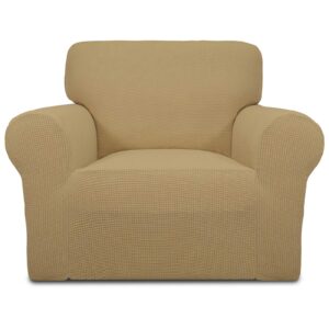 Easy-Going Stretch Chair Sofa Slipcover 1-Piece Couch Sofa Cover Furniture Protector Soft with Elastic Bottom for Kids, Pet. Spandex Jacquard Fabric Small Checks (Chair, Golden)