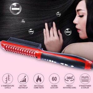 Minidiva 2-in-1 Hair Curler and Straightener with Anti-Scald, 30s Fast Ceramic Heating, 6 Heat Levels, Auto Off, 360 Swivel Cord Portable Hot Hair Straightener Brush for Home, Travel (Red)