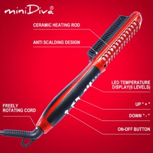 Minidiva 2-in-1 Hair Curler and Straightener with Anti-Scald, 30s Fast Ceramic Heating, 6 Heat Levels, Auto Off, 360 Swivel Cord Portable Hot Hair Straightener Brush for Home, Travel (Red)