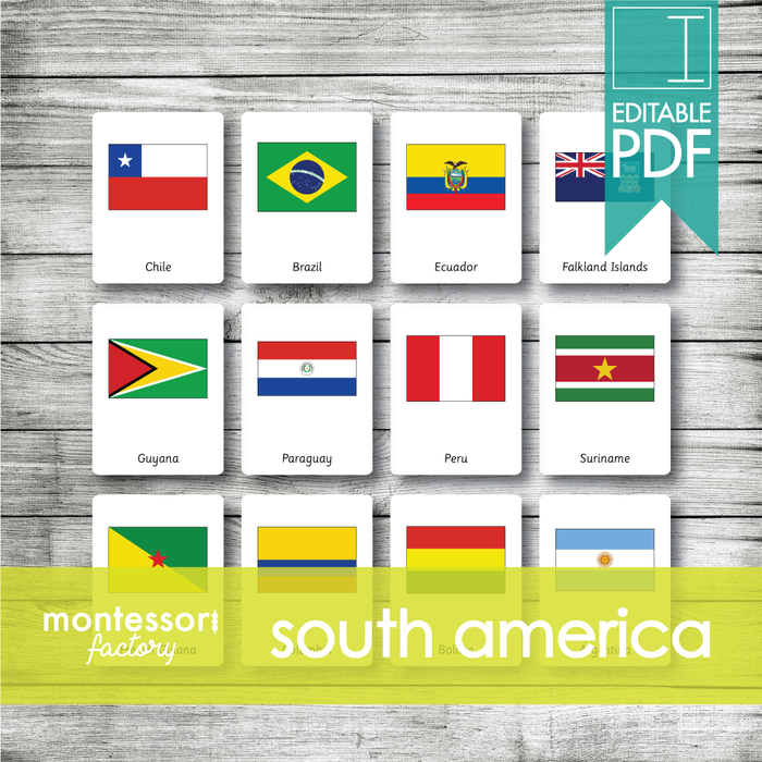 SOUTH AMERICA FLAGS Montessori Cards, Flash Cards, Three Part Cards, Nomenclature Cards, Educational Material, Montessori Printable, Editable PDF