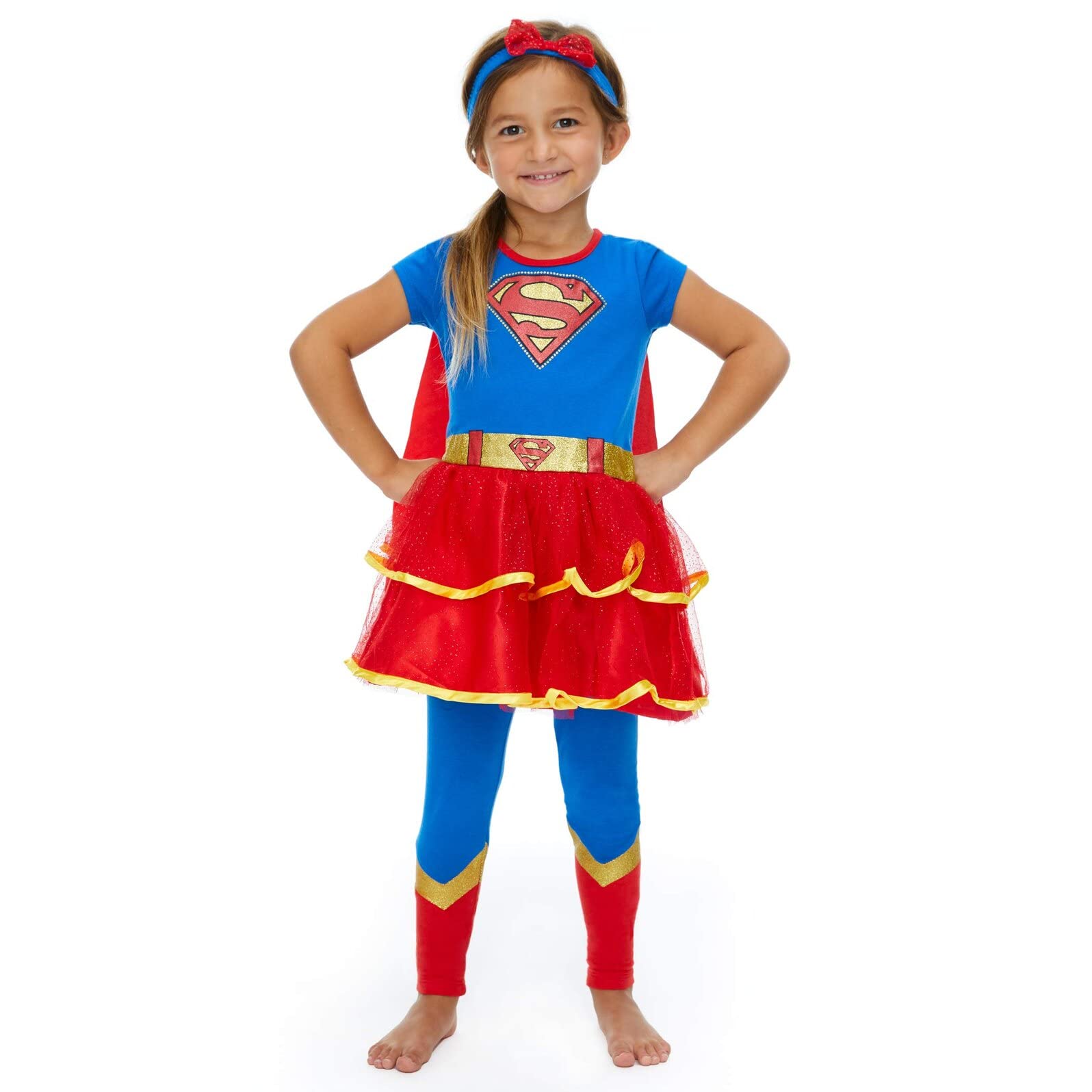 WARNER BROS Justice League Supergirl Big Girls Costume Dress Leggings Cape and Headband 4 Piece Set 10-12