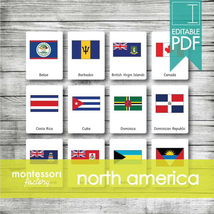 NORTH AMERICA Flags Montessori Cards, Flash Cards, Three Part Cards, Nomenclature Cards, Educational Material, Montessori Printable, Editable PDF