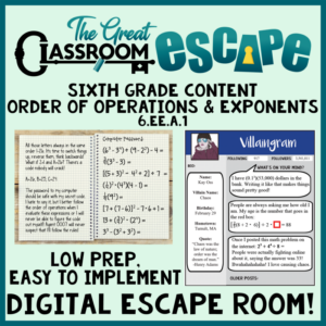 order of operations with exponents digital escape room 6th grade math standards