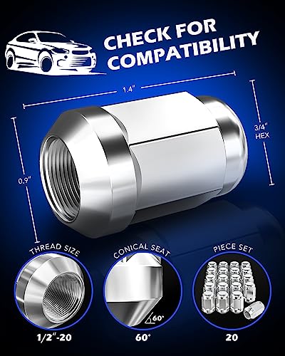 OMT 1/2"-20 Lug Nuts with Cone Seat, 3/4" 19mm Hex 1.38x0.87 in. Chrome Plated Wheel Lug Nuts Compatible with Ford Mustang Explorer F-150 Dodge Ram 1500 Ramcharger Jeep Wrangler & More, Set of 20