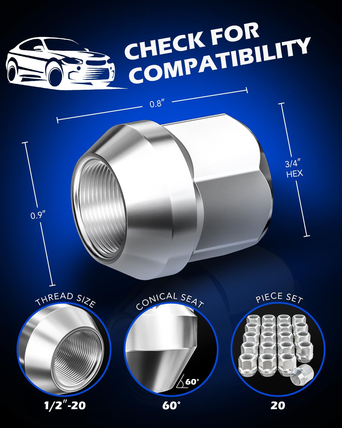 Orion Motor Tech 1/2"-20 Open End Lug Nuts, 3/4" 19mm Hex 0.84x0.9 in. Chrome Plated Wheel Lug Nuts Compatible with Dodge Dakota Ramcharger Ford Bronco Explorer F-150 Jeep Wrangler, Set of 20