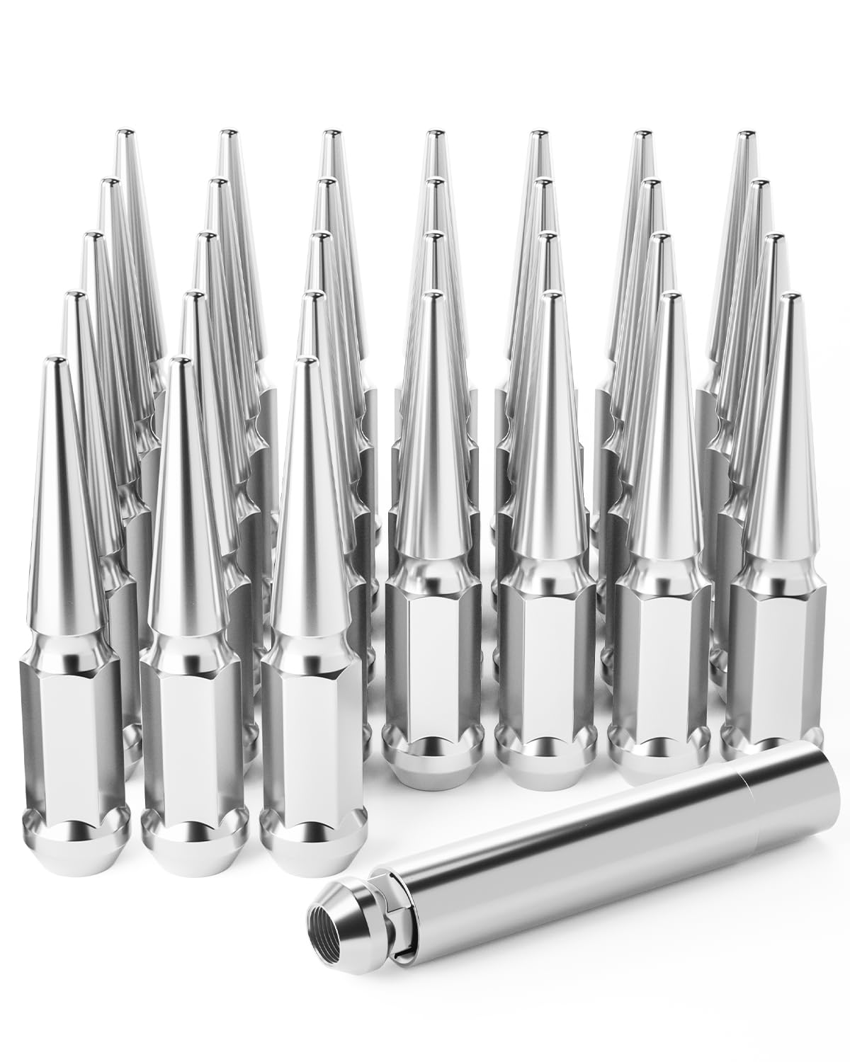 OMT M14x1.5 Spike Lug Nuts, 14mmx1.5 Wheel Lug Nuts Compatible with Chevy Silverado Express, Ram 2500 3500, Ford F250 F350, GMC Sierra Yukon Savana and More, Spike Lug Nut Set, Set of 32, Chrome