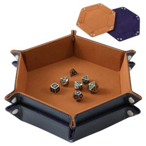 grajar 2 pcs portable folding dice rolling tray set for rpg dnd table games - pu leather and velvet holder storage box - blue and camel