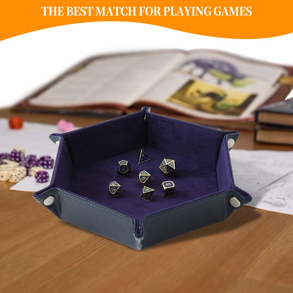 Grajar 2 Pcs Portable Folding Dice Rolling Tray Set for RPG DND Table Games - PU Leather and Velvet Holder Storage Box - Blue and Camel