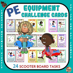 pe equipment challenge cards: 24 scooter board tasks- great for distance learning