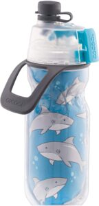 o2cool mist 'n sip kids misting water bottle 2-in-1 mist and sip function with no leak pull top spout 12oz (sharks)