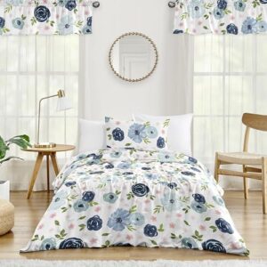 sweet jojo designs navy blue and pink watercolor floral girl twin size kid childrens bedding comforter set - 4 pieces - blush, green and white shabby chic rose flower