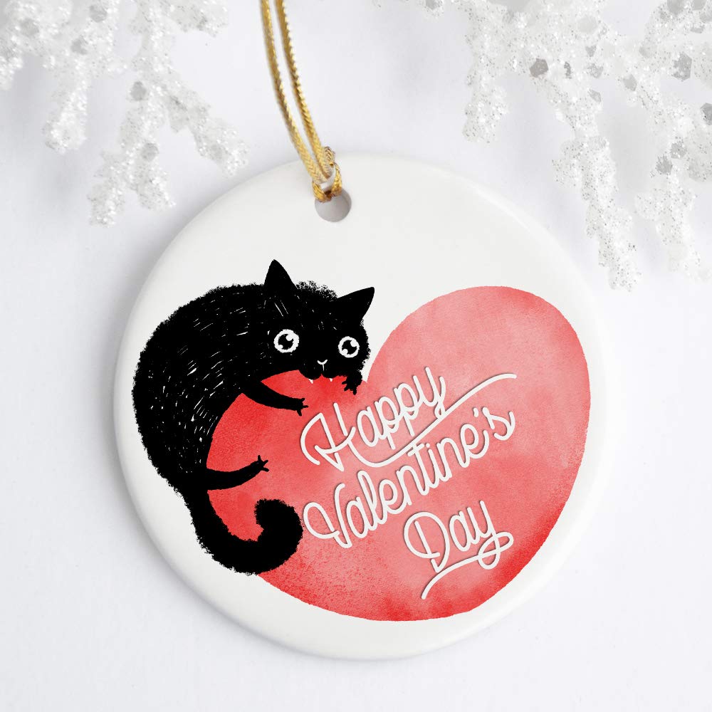 Valentine's Day Decorations Cat Ornament for Tree, Gift for Girlfriend Galentine Wife Friend Daughter, 3 Inch Flat Ceramic Ornament with Gift Box