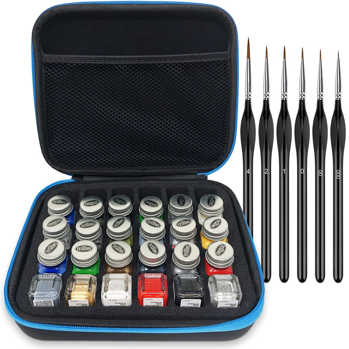 Pixiss Model Paint Storage Case for Testors Paints (Holds 30 Bottles) with 6 Fine Detail Miniatures Paint Brushes, Watercolor (Paint Not Included)