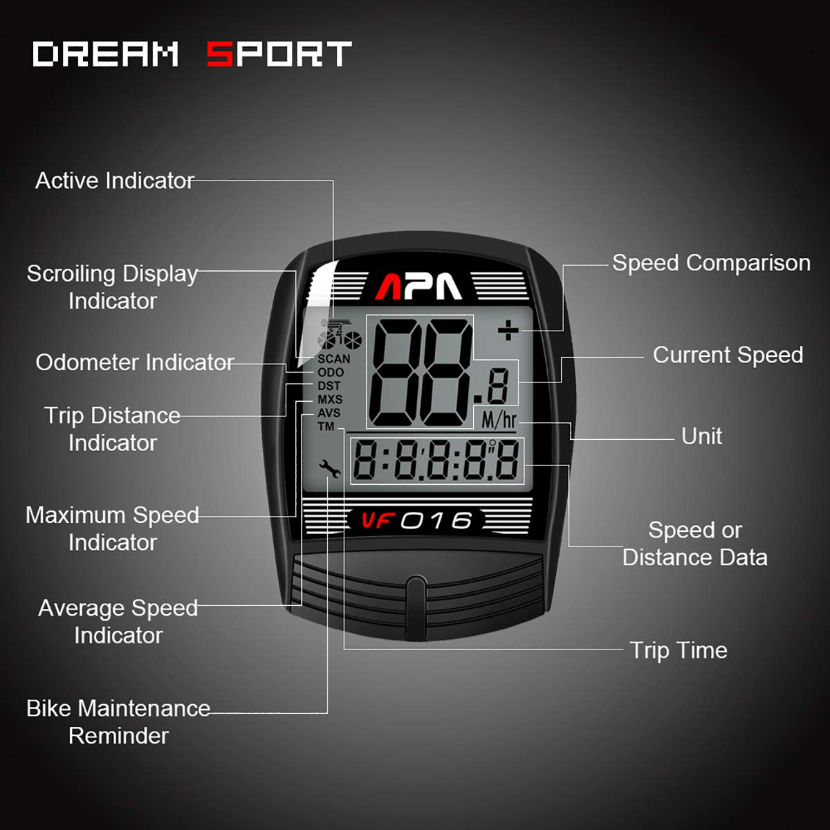 DREAM SPORT Bike Computer Bicycle Speedometer and Odometer 16-Function Wired Bike Computer Waterproof DCY016 Black