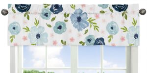 sweet jojo designs navy blue and pink watercolor floral window treatment valance - blush, green and white shabby chic rose flower