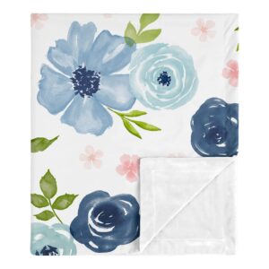 sweet jojo designs navy blue and pink watercolor floral baby girl receiving security swaddle blanket for newborn or toddler nursery car seat stroller soft minky - blush green white shabby chic flower