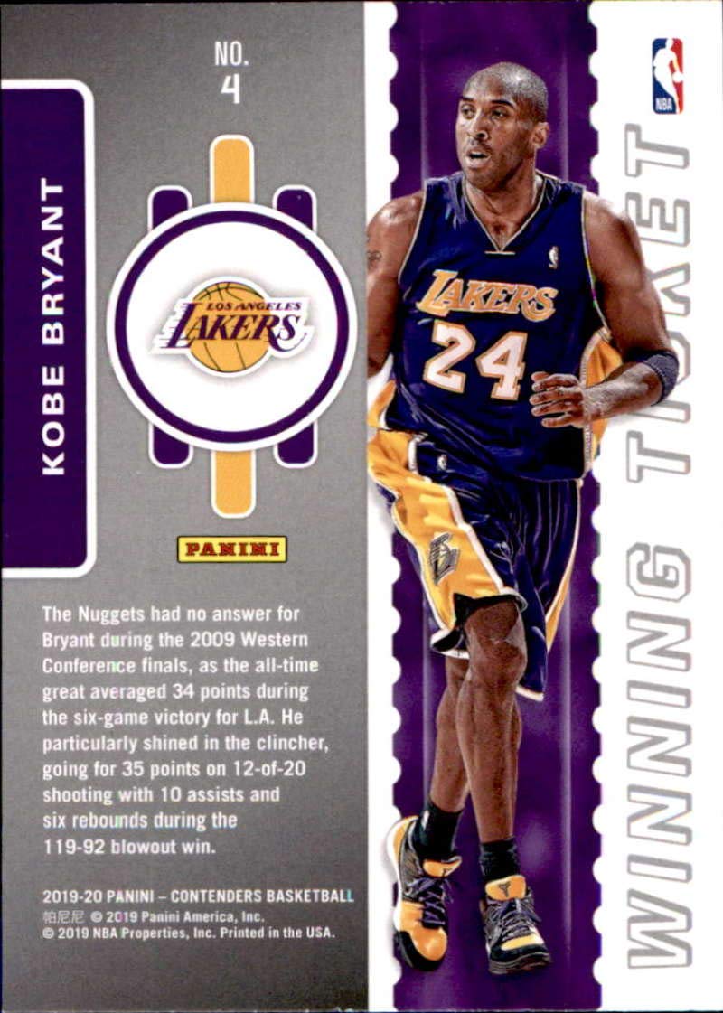 2019 Panini Contenders Winning Ticket #4 Kobe Bryant Los Angeles Lakers Basketball Card