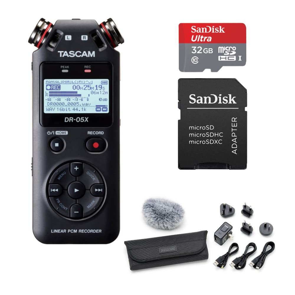 Tascam DR-05X Stereo Handheld Audio Recorder and USB Audio Interface Bundle with Recording Accessory Package and 32GB Ultra UHS-I Memory Card (3 Items)