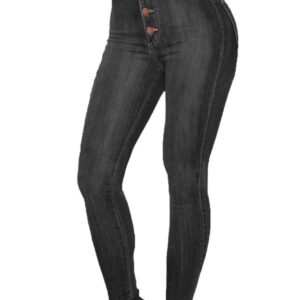 Womens High Rise Button Jeans Curvy Butt Stretch Soft Denim Skinny Pants Juniors Button Fly Super High Waist Skinnys (Black,X-Large)