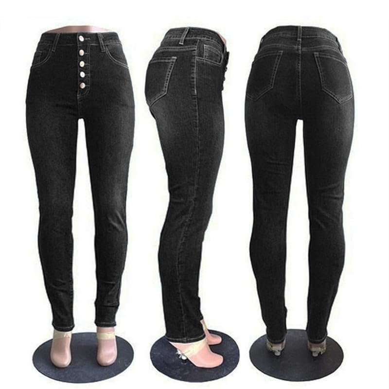 Womens High Rise Button Jeans Curvy Butt Stretch Soft Denim Skinny Pants Juniors Button Fly Super High Waist Skinnys (Black,X-Large)