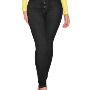 Womens High Rise Button Jeans Curvy Butt Stretch Soft Denim Skinny Pants Juniors Button Fly Super High Waist Skinnys (Black,X-Large)