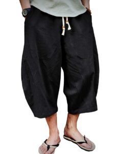 eklentson mens beach pants elastic waist drawstring capri shorts loos fit baggy summer cotton linen pants men, black, 38