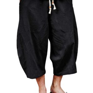 EKLENTSON Mens Beach Pants Elastic Waist Drawstring Capri Shorts Loos Fit Baggy Summer Cotton Linen Pants Men, Black, 38