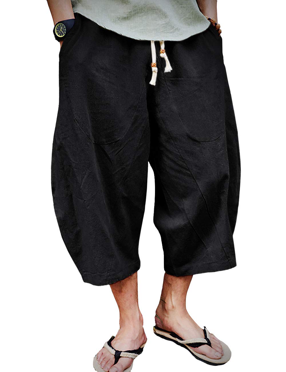 EKLENTSON Mens Beach Pants Elastic Waist Drawstring Capri Shorts Loos Fit Baggy Summer Cotton Linen Pants Men, Black, 38