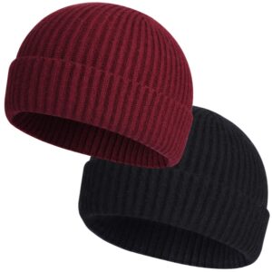 roybens 2pcs swag wool fisherman beanies for men, knit short watch cap winter warm hats