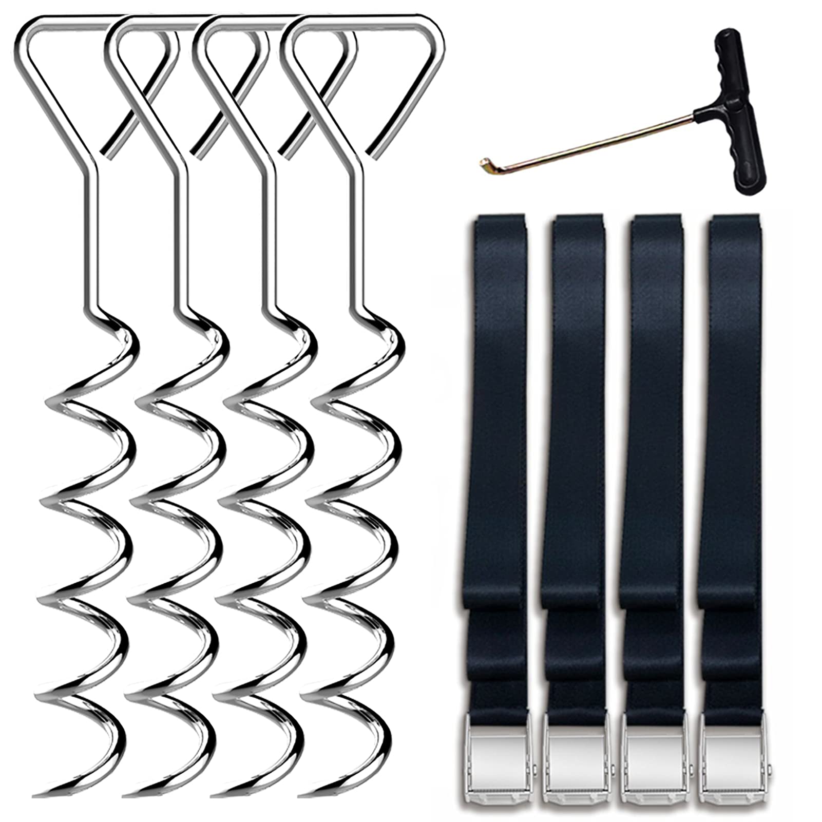 Eurmax USA Trampoline Stakes Trampoline Anchors High Wind Heavy Duty Corkscrew Shape Steel Tent Stakes Trampoline Tie Downs Anchor Kit with T Hook for Trampoline - Set of 4 Bonus 4 Strong Belt,Silver