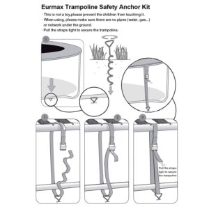 Eurmax USA Trampoline Stakes Trampoline Anchors High Wind Heavy Duty Corkscrew Shape Steel Tent Stakes Trampoline Tie Downs Anchor Kit with T Hook for Trampoline - Set of 4 Bonus 4 Strong Belt,Silver