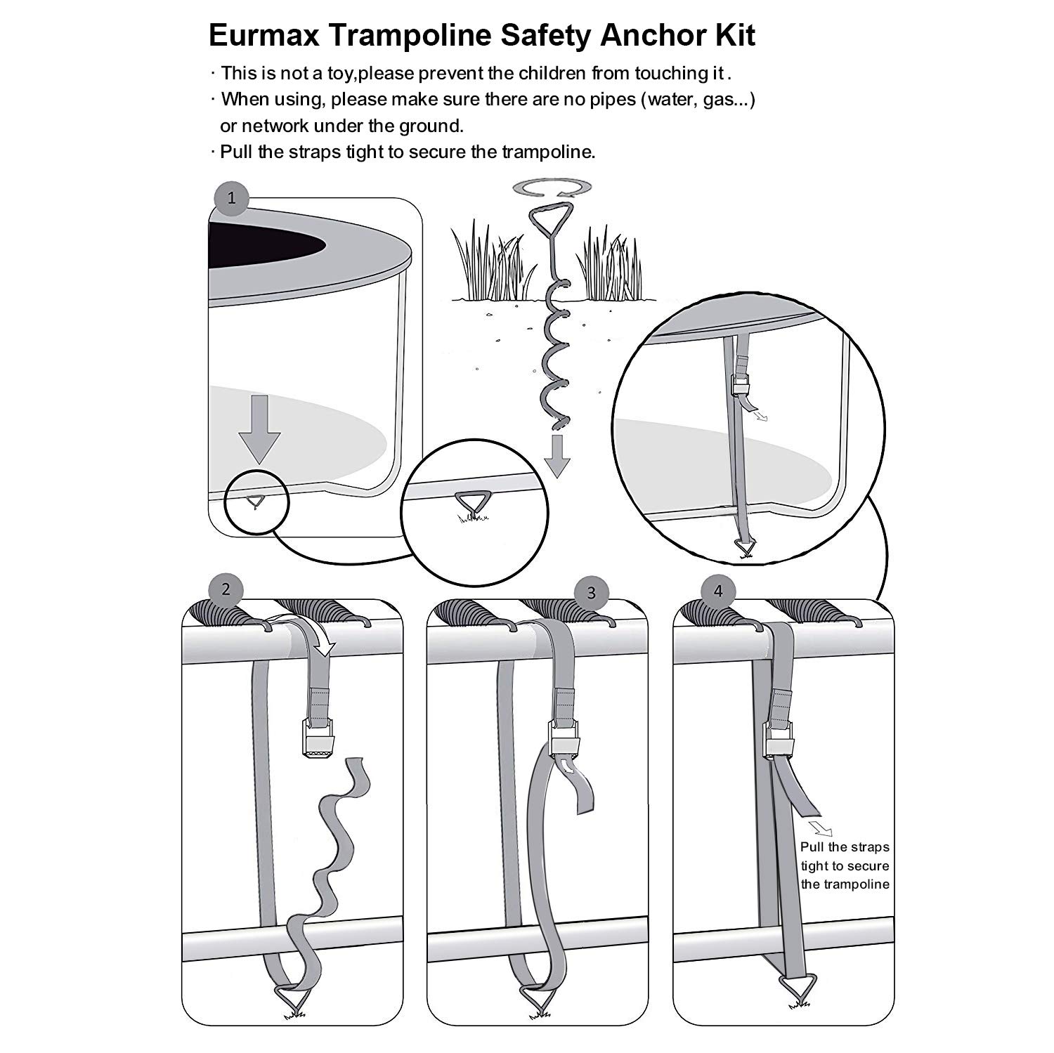 Eurmax USA Trampoline Stakes Trampoline Anchors High Wind Heavy Duty Corkscrew Shape Steel Tent Stakes Trampoline Tie Downs Anchor Kit with T Hook for Trampoline - Set of 4 Bonus 4 Strong Belt,Silver