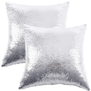 ushinemi sequin throw pillow cases, silver glitter square throw pillow covers, throw pillow cover for sofa couch home festivals holiday decor, 16x16”, set of 2