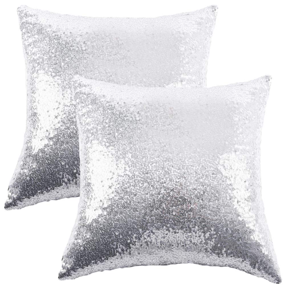 Ushinemi Sequin Throw Pillow Cases, Silver Glitter Square Throw Pillow Covers, Throw Pillow Cover for Sofa Couch Home Festivals Holiday Decor, 16x16”, Set of 2