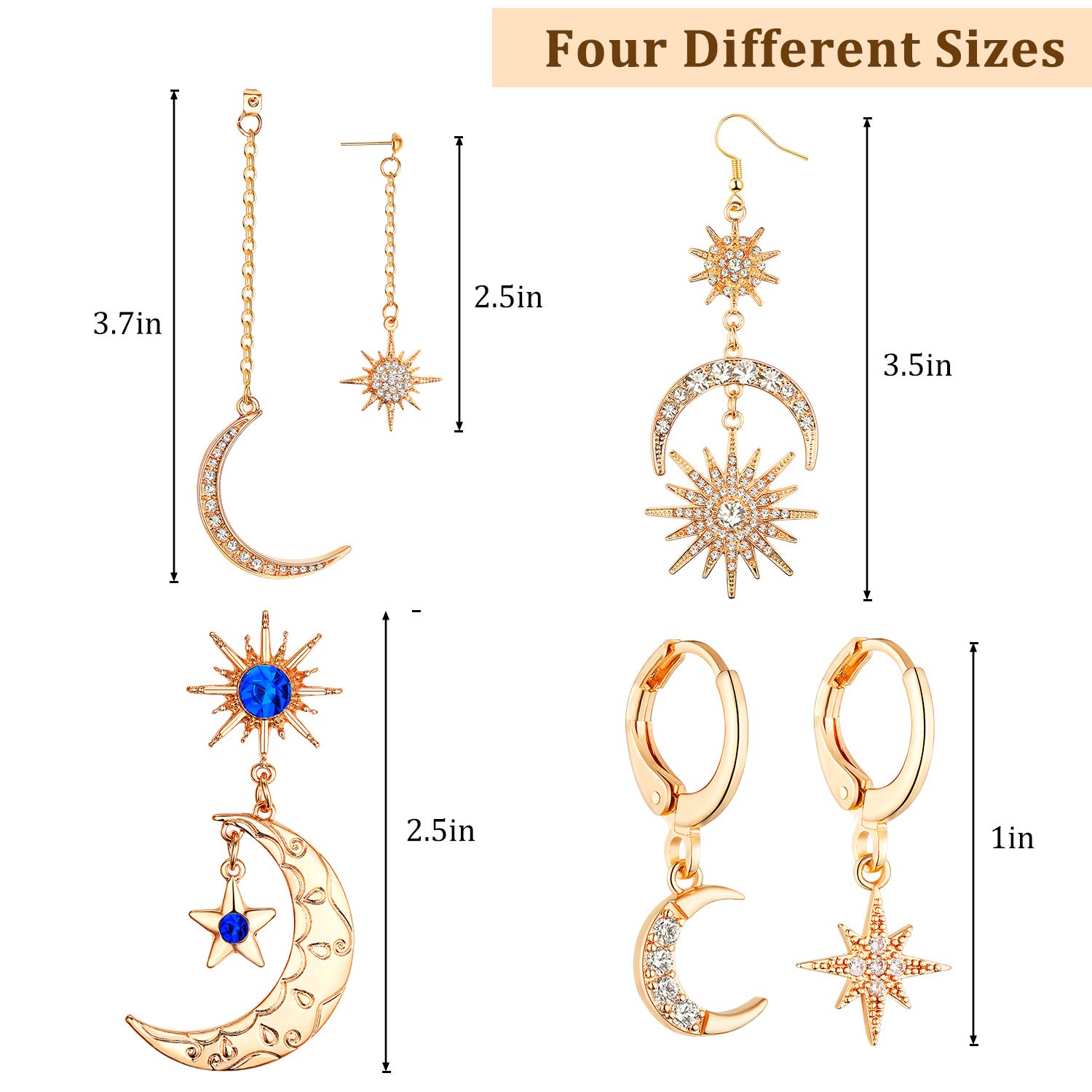 4 Pairs Moon Earrings Star Earrings Exaggerated Boho Earrings Retro Moon Dangle Drop Rhinestones Earrings Sun for Halloween Christmas Women Girls Gift