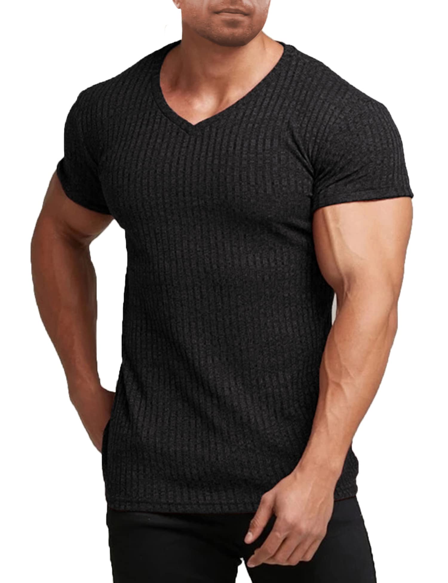 COOFANDY Men's Muscle T Shirts Stretch Short Sleeve V Neck Bodybuilding Workout Tee Shirts