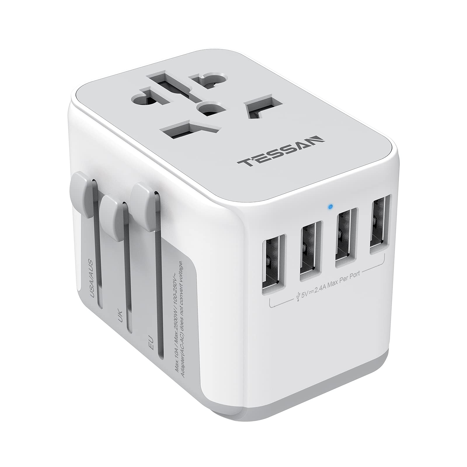 TESSAN Universal Power Adapter, International Plug Adapter with 4 USB Outlets, Travel Worldwide Essentials, All in 1 Wall Charger Converter for UK EU Europe Ireland AU (Type C/G/A/I) Grey