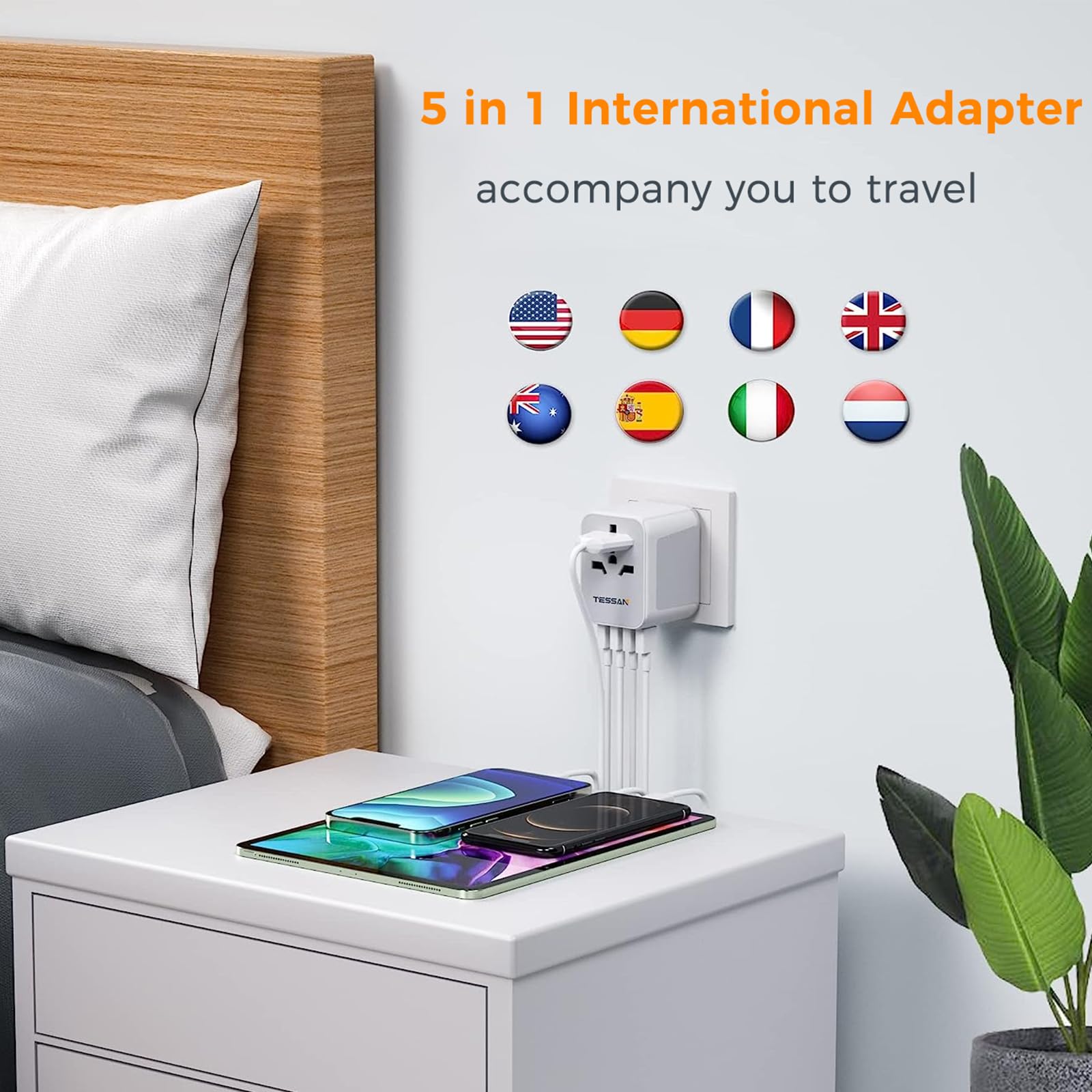 TESSAN Universal Power Adapter, International Plug Adapter with 4 USB Outlets, Travel Worldwide Essentials, All in 1 Wall Charger Converter for UK EU Europe Ireland AU (Type C/G/A/I) Grey