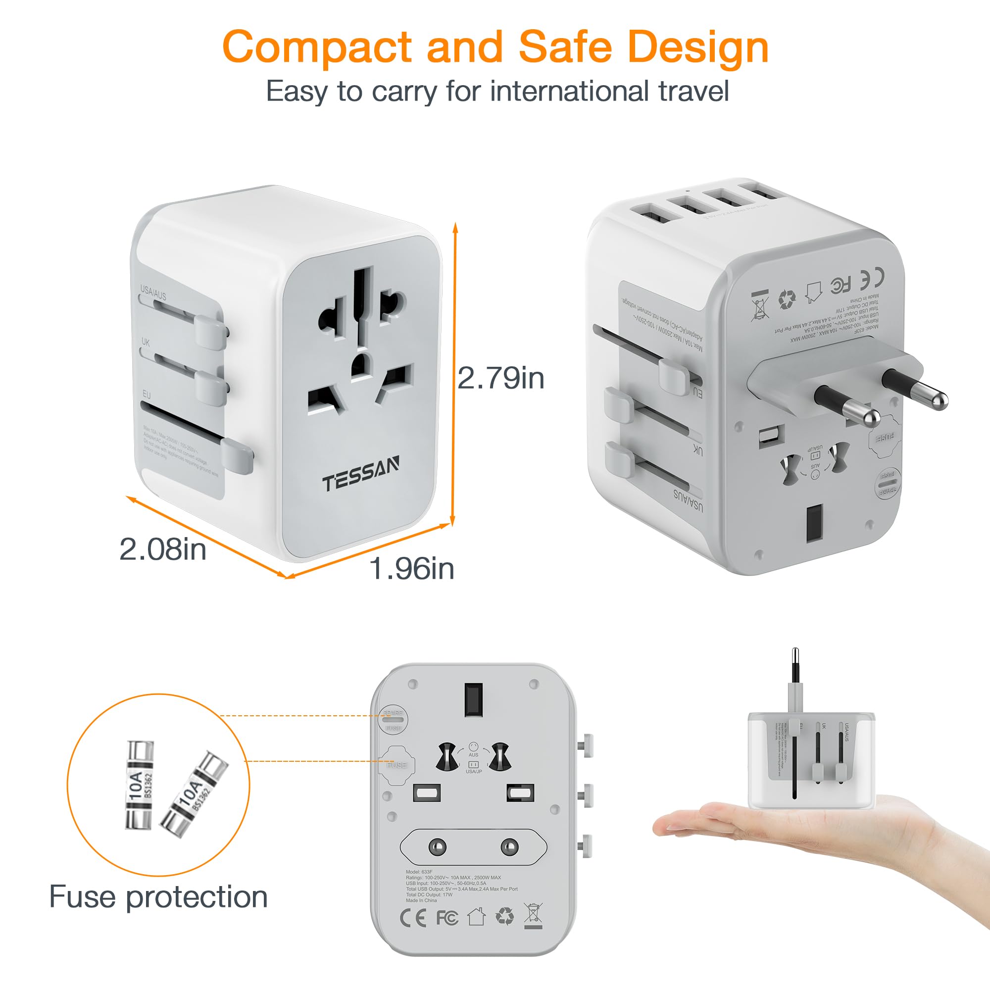 TESSAN Universal Power Adapter, International Plug Adapter with 4 USB Outlets, Travel Worldwide Essentials, All in 1 Wall Charger Converter for UK EU Europe Ireland AU (Type C/G/A/I) Grey