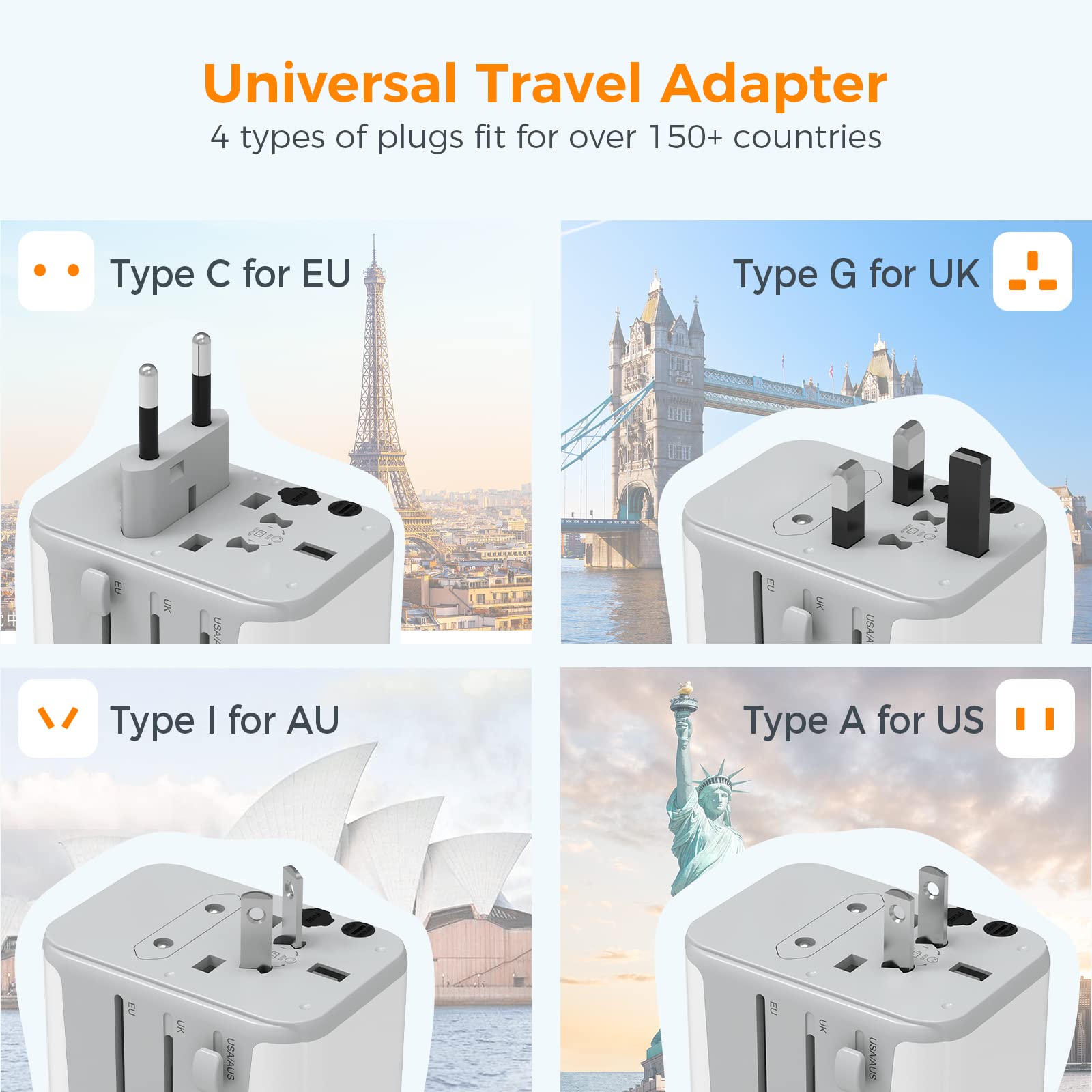 TESSAN Universal Power Adapter, International Plug Adapter with 4 USB Outlets, Travel Worldwide Essentials, All in 1 Wall Charger Converter for UK EU Europe Ireland AU (Type C/G/A/I) Grey