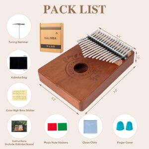 Kalimba Thumb Piano 17 Keys Instrument: Portable Mbira Finger Pianos Musical Gifts for Kids Adults Beginners - Mahogany Wood Handheld Piano with Tune Hammer, Music Book